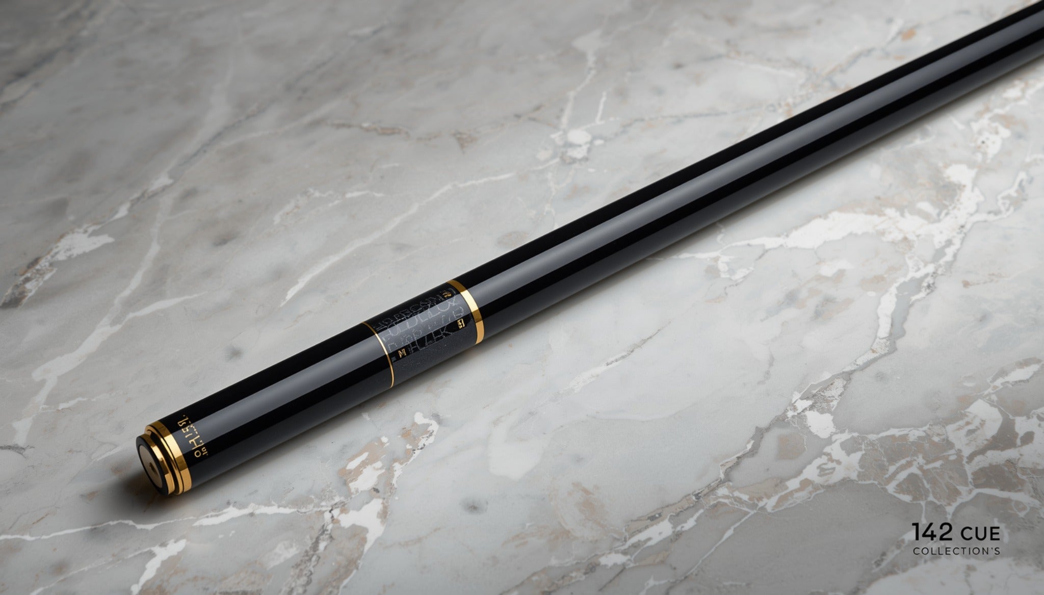 142 Collection’s 10K Black Gold Pool Cue on luxury marble surface
