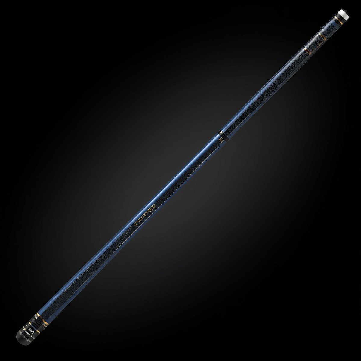 142 Collection’s 10K Deep Blue Pool Cue full product image on black charcoal background